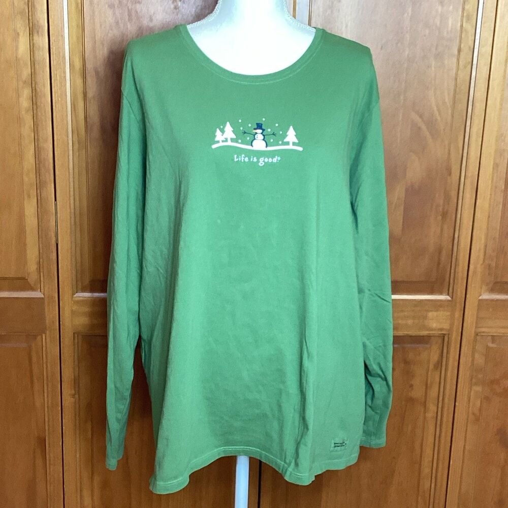Life Is Good Womens XXL Vintage TShirt Long Sleeve Green Snowman Winter Snow